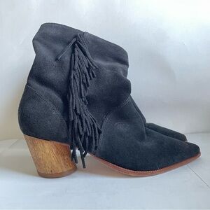 Bernardo FELIX Black Suede Pointed Slip On Ankle Boot Fringe Trim 6.5 Round Heel